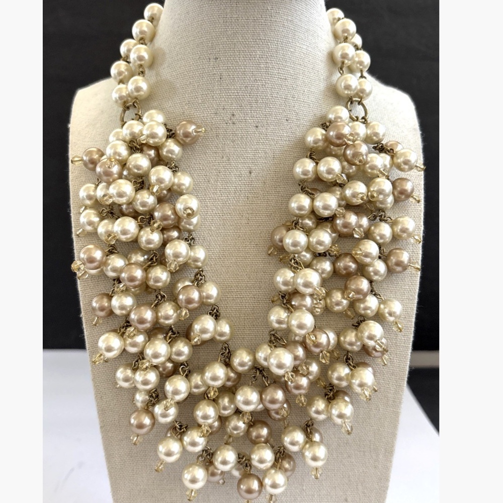 Stella & Dot Sophia White Champagne Faux Pearl Bib Choker Necklace 15-18”